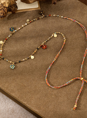 繁华民族风天然石长款项链 手工彩绳高级感波西米亚可调节毛衣链