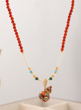 原创新中式红色葫芦天然石串珠项链女复古精致气质百搭长款毛衣链