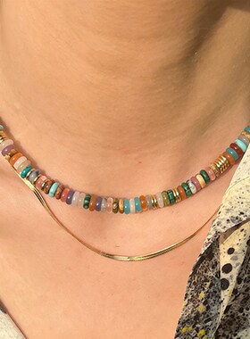 欧美冷淡风高质量饰品彩色飞盘项链天然石小众轻奢手工锁骨链