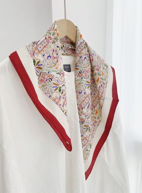 春色摇曳时尚红色腰果桑蚕丝围巾65cm丝棉个别花边真丝方巾优雅