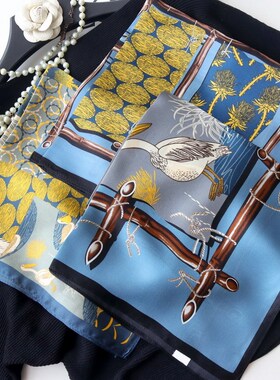 气质蓝色鹈鹕新款杭州丝绸桑蚕丝丝巾女纯真丝围巾55护颈小方巾