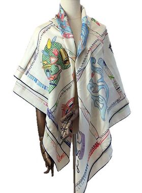 骏马四格拼接小马真丝羊毛双面异色印花方巾保暖丝毛围巾披肩