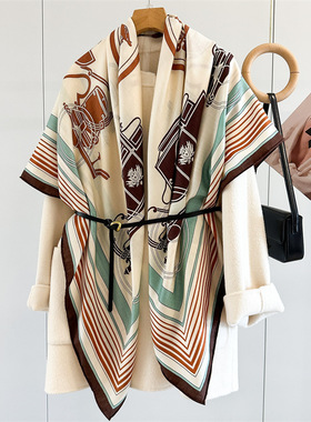 感藏书章马车真丝羊毛大方巾秋冬新款保暖丝毛围巾外搭披肩