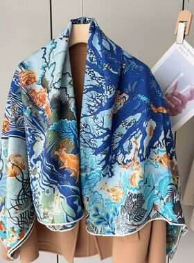 双面印花真丝羊毛大方巾女蓝色花卉秋冬披肩