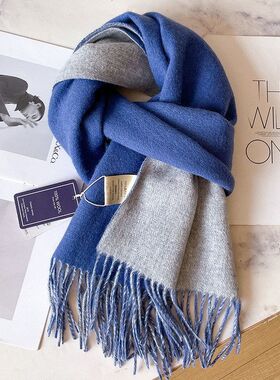 100%纯羊毛双面围巾男士冬季蓝色高级感中老年爸爸披肩2025新款