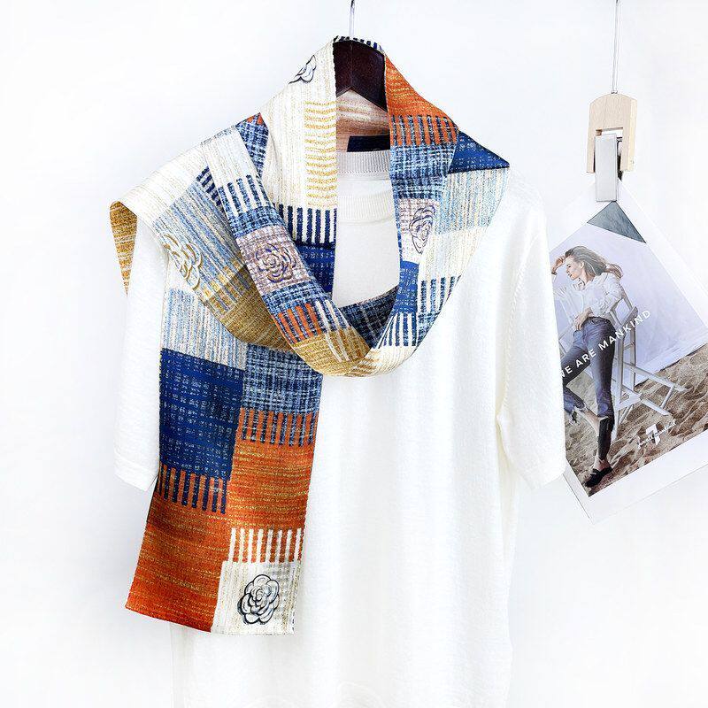 素绉缎面真丝围巾双层飘带欧美茶花长飘带百搭职业桑蚕丝丝巾领巾