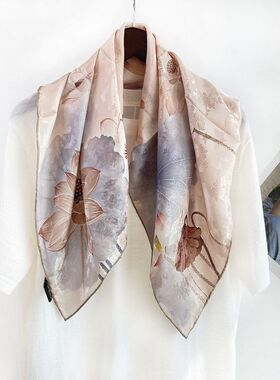 新款国风牡丹真丝花萝丝巾女高级感重磅19姆米100%桑蚕丝中方巾