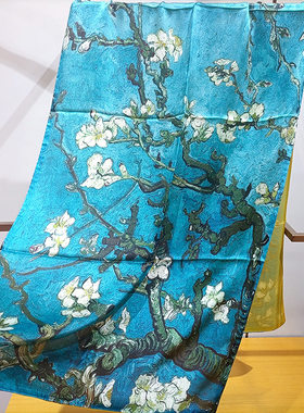 油画风宝蓝色杏花树双层真丝素缎长巾 围巾丝巾披肩杭州丝绸