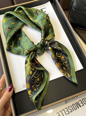 新款田园绿色花卉碎花卷边真丝桑蚕丝70方巾领巾通用装饰包包女