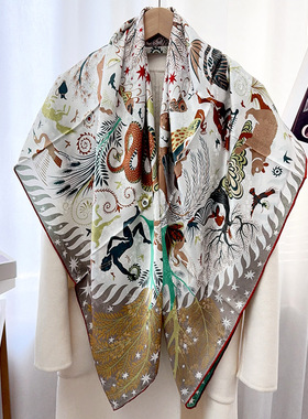 新款双面印花时尚真丝丝巾女大方巾双面花萝桑蚕丝印花披肩丝巾