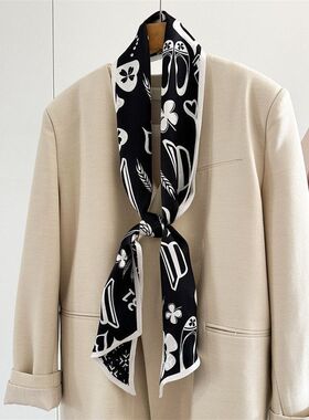 真丝围巾女简约小香风气质桑蚕丝丝巾细窄长双层双面装饰领巾飘带