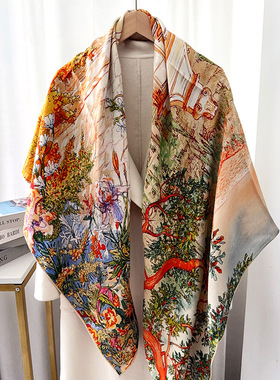 夏季新款文艺复古方巾女双面丝毛印花大方巾日常通勤游玩搭配