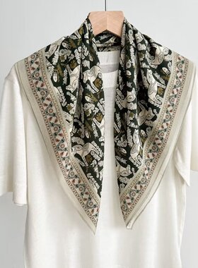 绿色麦穗小马真丝双绉丝巾女士夏季薄款桑蚕丝70方巾百搭防晒