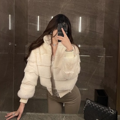 白色小香风皮草外套女2025年冬新款高端短款显瘦水貂绒毛毛茸外套