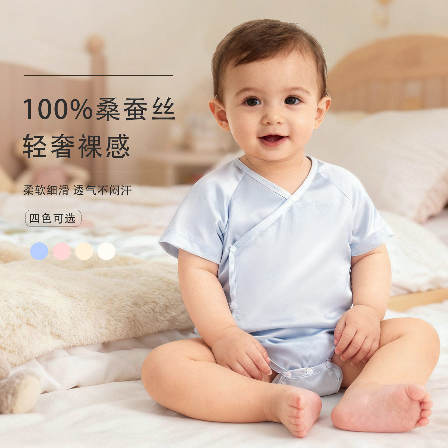 婴儿爬行100%蚕丝舒适睡衣贴身长爬宝宝爬爬衣三角包屁服