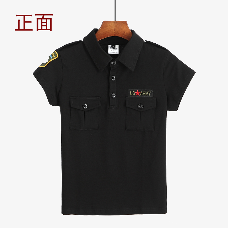 林小麦夏季水兵舞服装黑色翻领短袖T恤女大码刺绣袖章上衣