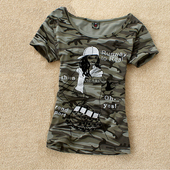 女装 夏装 显瘦军训服 迷彩服纯棉吸汗圆领T恤女大码 打底衫 新款 修身