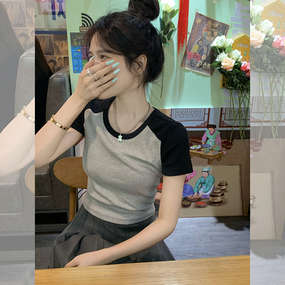 宋小恩正肩短款t恤女短袖纯棉黑色紧身上衣2022年夏新款修身体恤