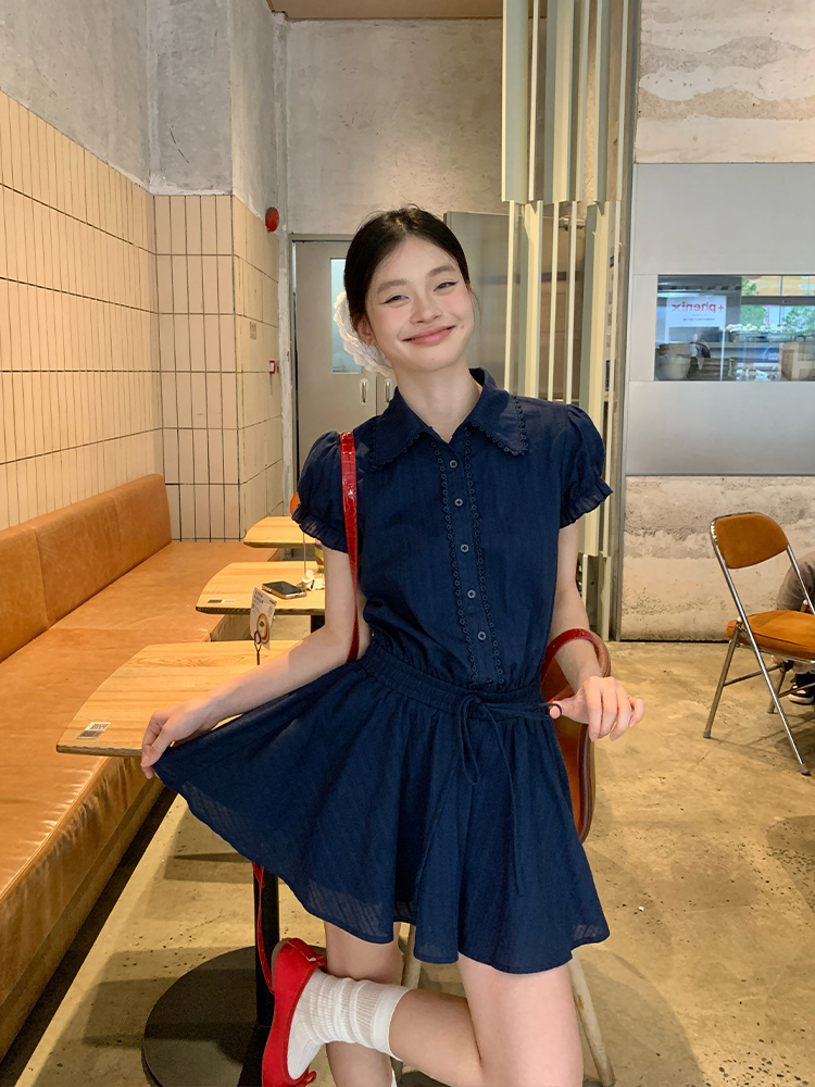 Navy Blue Puff Sleeve Shirt Dress for Women, Summer, Very Stylish, Korean Style, Petite A-Line Short Dress