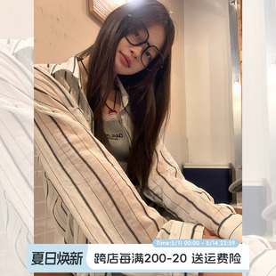 新款 天丝轻薄透气宽松慵懒衬衣空调衫 女夏季 宋正恩条纹防晒衬衫 潮