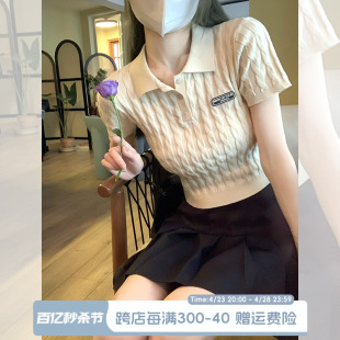 polo衫 短款 上衣女 针织正肩t恤女夏装 宋正恩短袖 设计感学院风修身