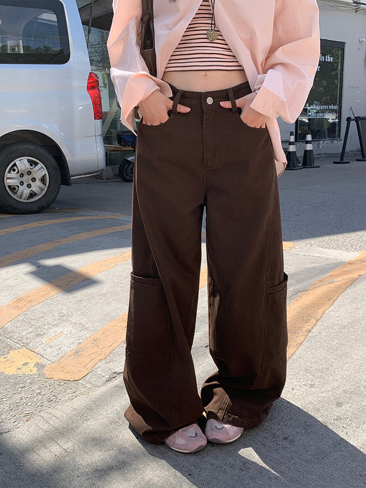 Coffee-Colored Wide-Leg Denim Cargo Pants for Women, 2025 Autumn New High-Waisted Straight-Leg Versatile Floor-Length Pants