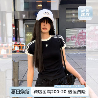 宋正恩正肩美式短袖t恤女夏季新款黑色运动辣妹修身短款显瘦上衣