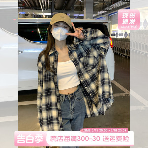 港风复古格子衬衫女款春装小个子