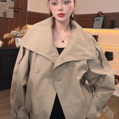 小众短款高领双排扣女风衣