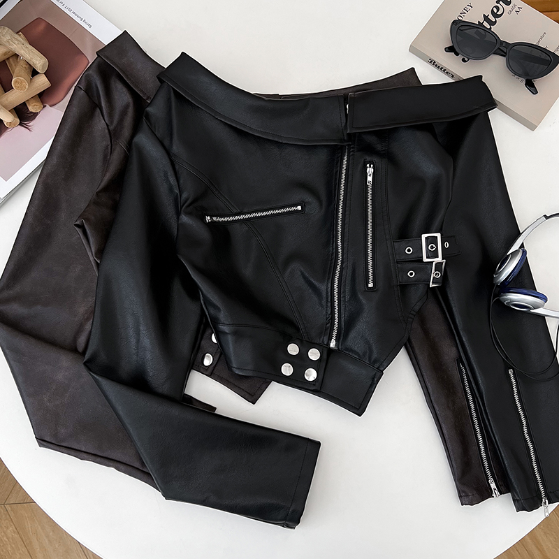 设计感辣妹时尚PU皮斜肩露肩短款不规则长袖外套上衣女秋冬新款