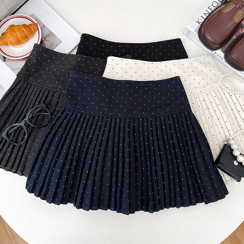 韩版甜美减龄波点高腰显瘦毛呢半身裙半身裙百褶裙a字裙女秋冬,女装/女士精品,半身裙,淘宝优惠券,粉丝福利购,淘宝优惠卷