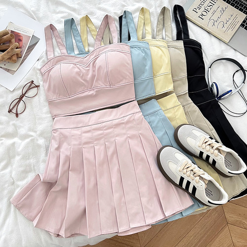 吊带背心上衣半身裙百褶裙两件套