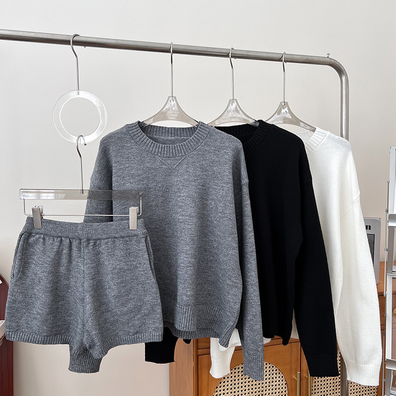 长袖针织衫毛衣短裤阔腿裤两件套