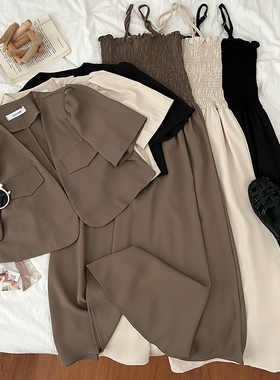 褶皱高腰显瘦中长款吊带连衣裙+西装短款外套开衫两件套女夏季