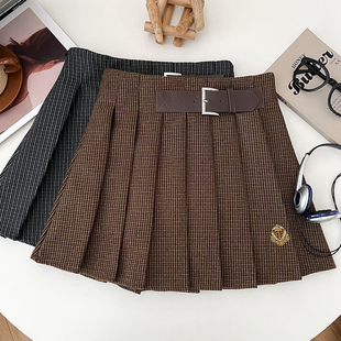 韩版 纹毛呢高腰显瘦半身裙百褶裙防走光短裙a字裙女秋冬 学院风格