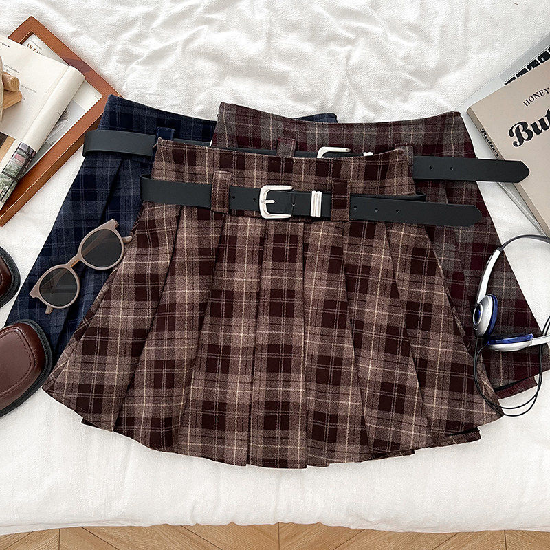 韩版学院风撞色格纹毛呢高腰显瘦半身裙防走光短裙百褶裙a字裙女