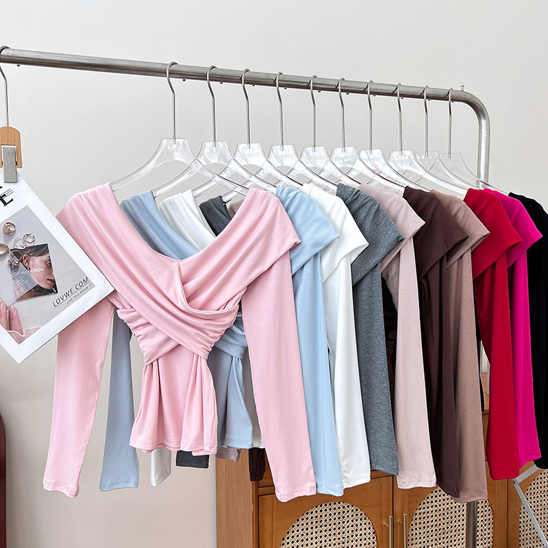 纯欲辣妹时尚v领一字肩交叉修身显瘦短款长袖t恤打底衫上衣女秋冬,女装/女士精品,T恤,淘宝优惠券,粉丝福利购,淘宝优惠卷