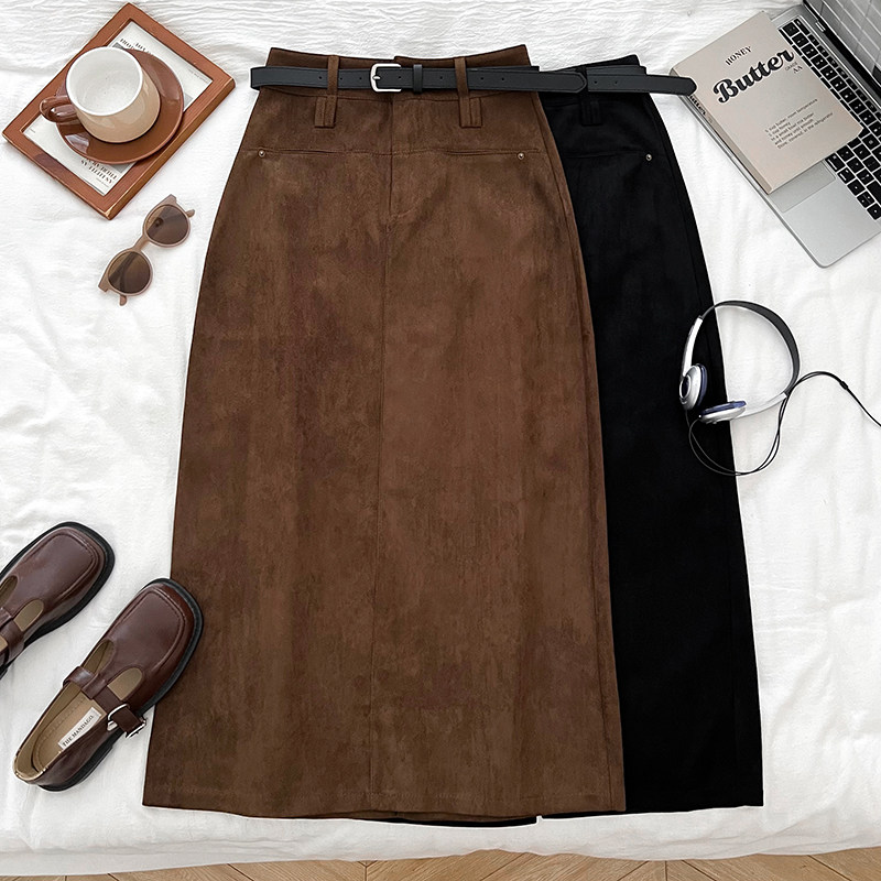 鹿皮绒高腰显瘦中长款开叉半身裙