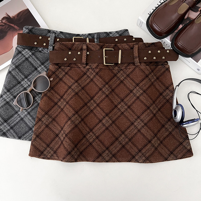 复古时尚百搭格纹毛呢高腰显瘦半身裙包臀裙短裙a字裙女配皮带女,女装/女士精品,半身裙,淘宝优惠券,粉丝福利购,淘宝优惠卷