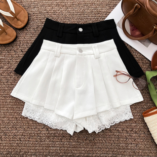 设计感甜美百搭蕾丝拼接高腰显瘦阔腿裤 女夏季 短裤 热裤 休闲裤 韩版