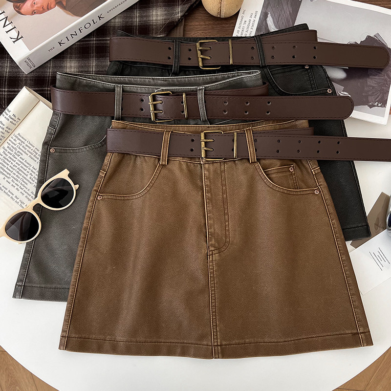 秋冬新款韩版复古洗水做旧皮高腰显瘦半身裙防走光短裙a字裙女,女装/女士精品,半身裙,淘宝优惠券,粉丝福利购,淘宝优惠卷