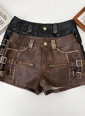 复古美式辣妹PU皮高腰显瘦工装短裤阔腿裤靴裤休闲裤女秋冬新款