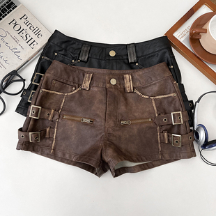 阔腿裤 短裤 靴裤 休闲裤 复古美式 女秋冬新款 辣妹PU皮高腰显瘦工装