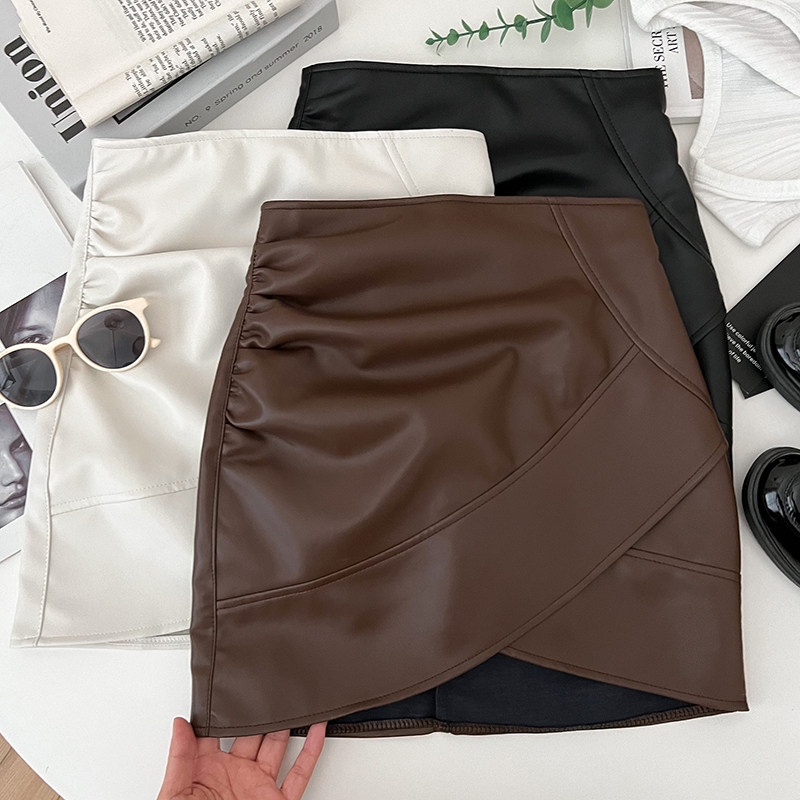 不规则褶皱高腰显瘦PU皮半身裙防走光短裙a字裙包臀裙女秋冬新款,女装/女士精品,半身裙,淘宝优惠券,粉丝福利购,淘宝优惠卷