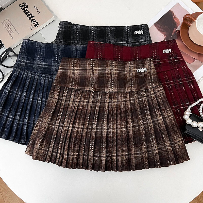 水钻字母金属扣高腰格纹半身裙