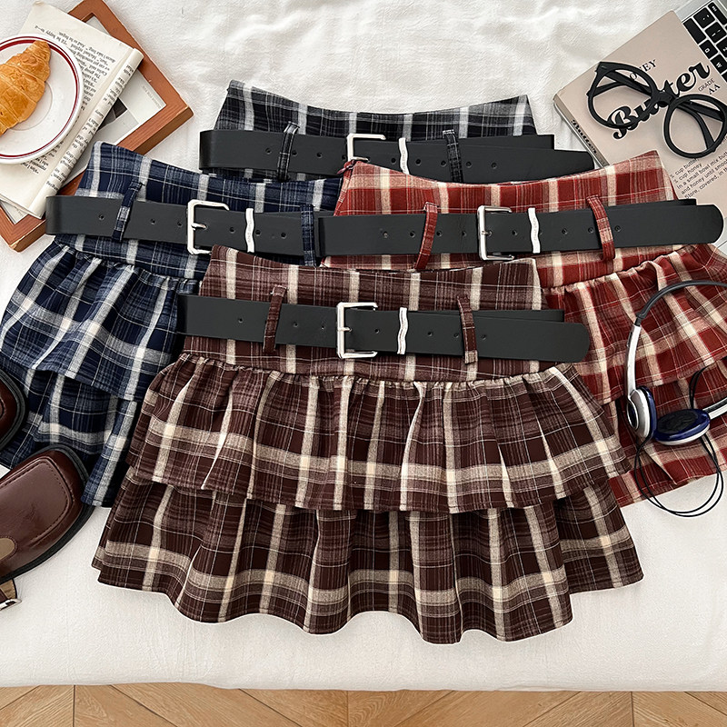 复古学院风格纹高腰显瘦荷叶边半身裙防走光短裙a字裙女配皮带,女装/女士精品,半身裙,淘宝优惠券,粉丝福利购,淘宝优惠卷