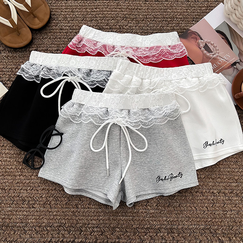 设计感刺绣字母蕾丝边抽绳高腰显瘦短裤阔腿裤休闲裤热裤女夏季,女装/女士精品,休闲裤,淘宝优惠券,粉丝福利购,淘宝优惠卷
