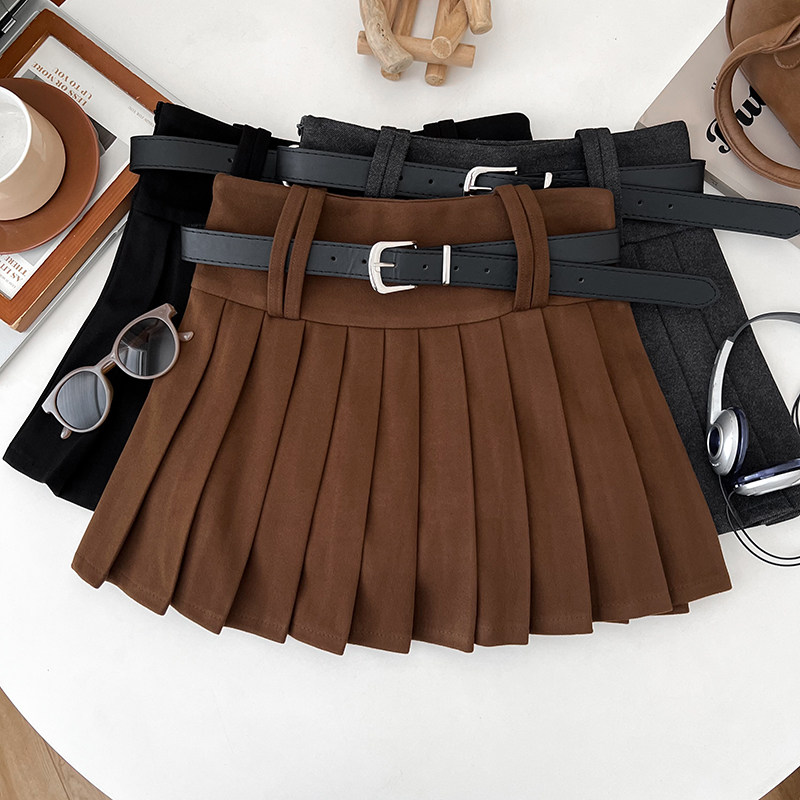 韩版学院风毛呢高腰显瘦半身裙百褶裙防走光短裙a字裙配皮带秋冬,女装/女士精品,半身裙,淘宝优惠券,粉丝福利购,淘宝优惠卷