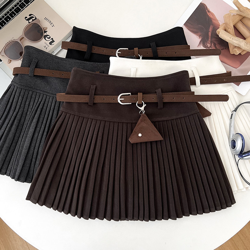 韩版复古时尚百搭毛呢高腰显瘦半身裙百褶裙防走光短裙配皮带女,女装/女士精品,半身裙,淘宝优惠券,粉丝福利购,淘宝优惠卷