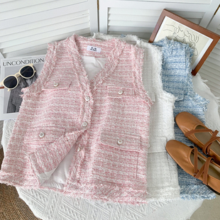 2026新款时尚名媛气质v领毛须边粗花呢单排扣无袖背心马甲上衣女